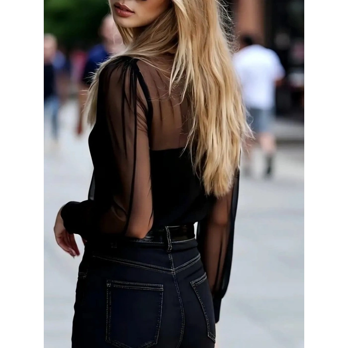 Kadın Uzun Kollu Hakim Yakalı önden Düğmeli Tül Detaylı Trikoton Gömlek