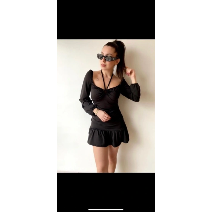 Kadın Uzun Kollu Halter Yaka Detay Mini Elbise