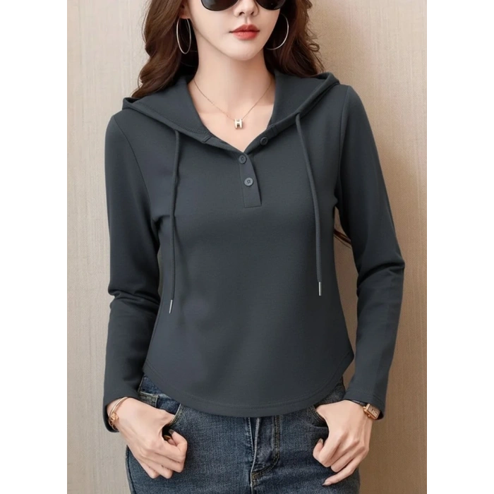 Kadın Uzun Kollu Kapşonlu Bağcıklı Düğmeli Viskon Iki Iplik Füme Bluz