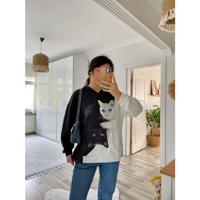 Kadın Uzun Kollu Kapşonlu Bağcıklı Kedi Desenli şardonlu Dalgıç Bluz