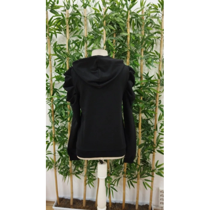 Kadın Uzun Kollu Kapşonlu Bağcıklı Kollarda Büzgü Detaylı Iki Iplik Bluz