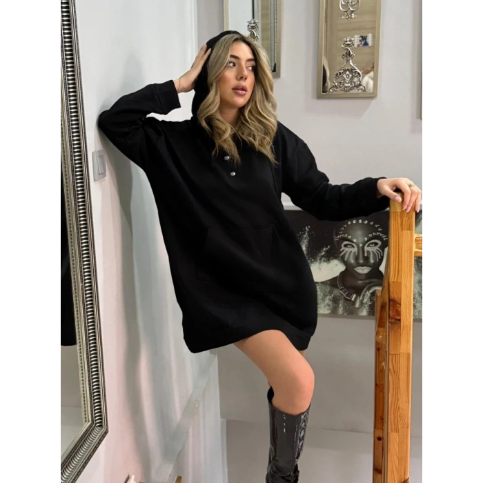 Kadın Uzun Kollu Kapşonlu Bağcıklı önden Düğmeli Ve Cepli Iki Iplik şardonlu Elbise