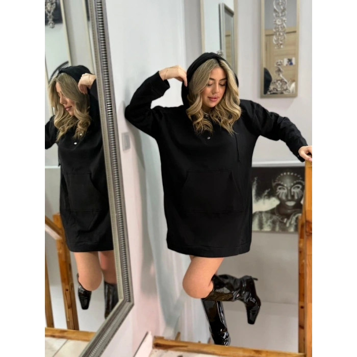 Kadın Uzun Kollu Kapşonlu Bağcıklı önden Düğmeli Ve Cepli Iki Iplik şardonlu Elbise