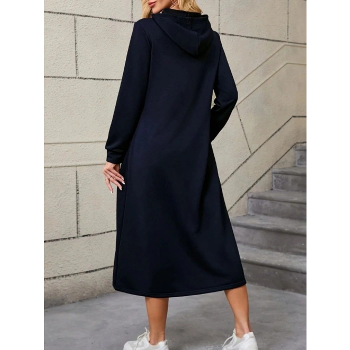 Kadın Uzun Kollu Kapşonlu Cep Detaylı Viskon Iki Iplik Maxi Elbise