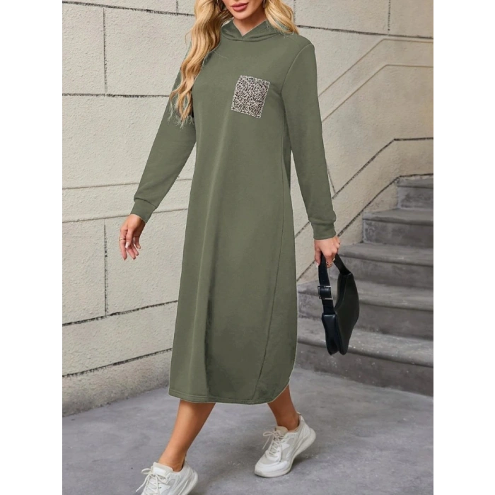 Kadın Uzun Kollu Kapşonlu Cep Detaylı Viskon Iki Iplik Maxi Elbise