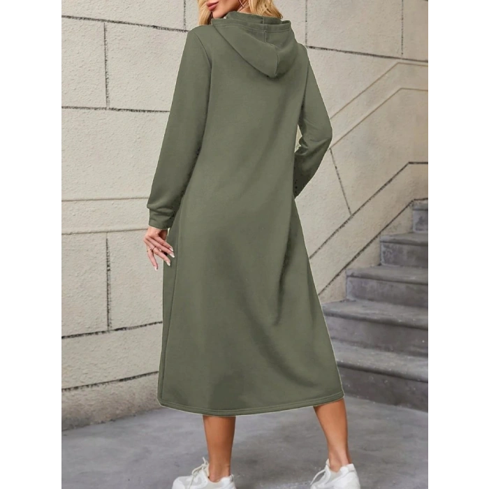 Kadın Uzun Kollu Kapşonlu Cep Detaylı Viskon Iki Iplik Maxi Elbise