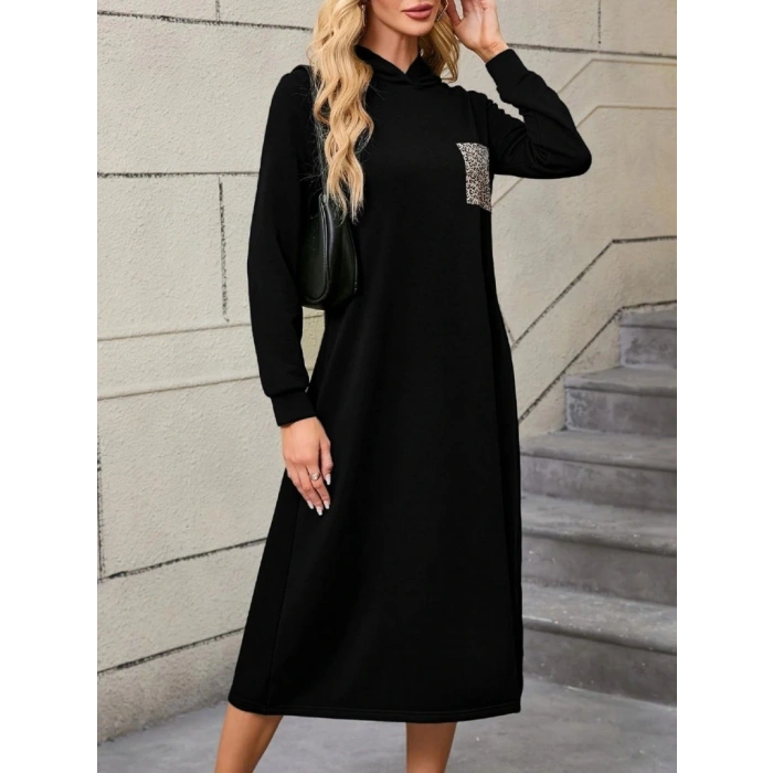 Kadın Uzun Kollu Kapşonlu Cep Detaylı Viskon Iki Iplik Maxi Elbise