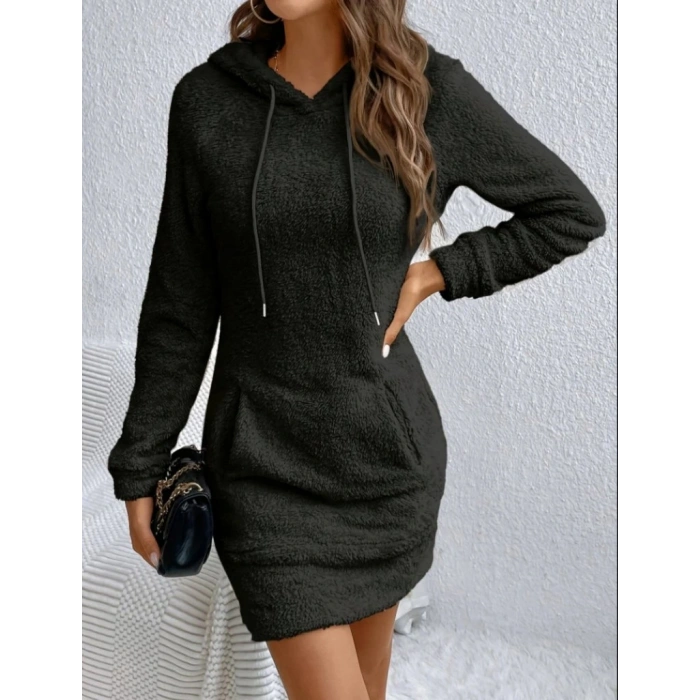 Kadın Uzun Kollu Kapşonlu Cepli Mini Peluş Elbise