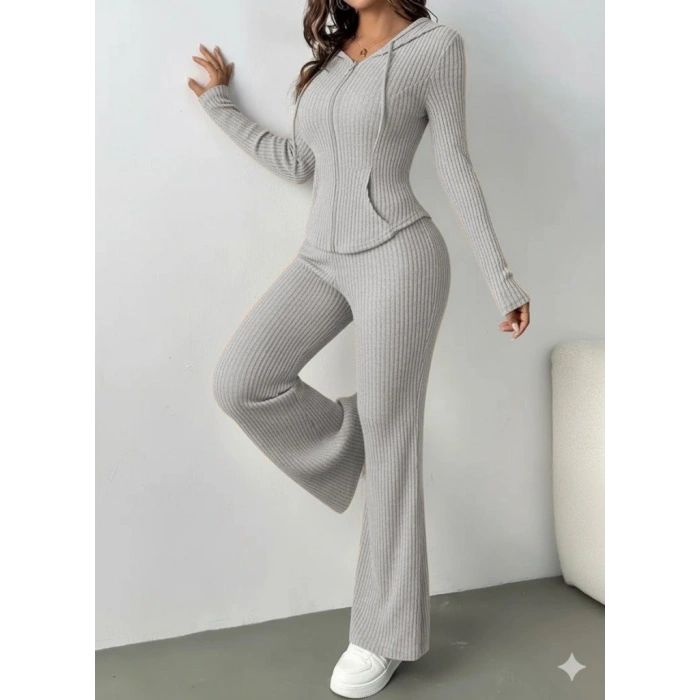 Kadın Uzun Kollu Kapşonlu önden Fermuarlı Kaşkorse Bluz Ve Pantolon Ikili Takım