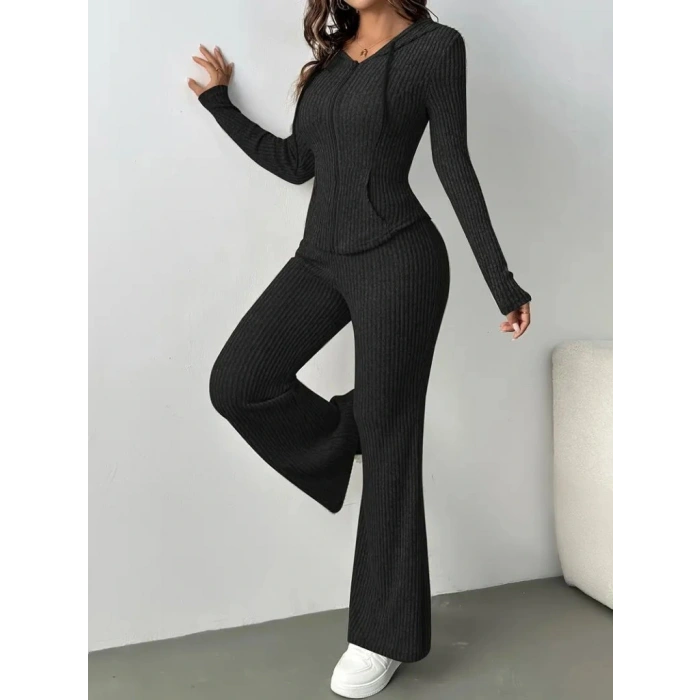 Kadın Uzun Kollu Kapşonlu önden Fermuarlı Kaşkorse Bluz Ve Pantolon Ikili Takım