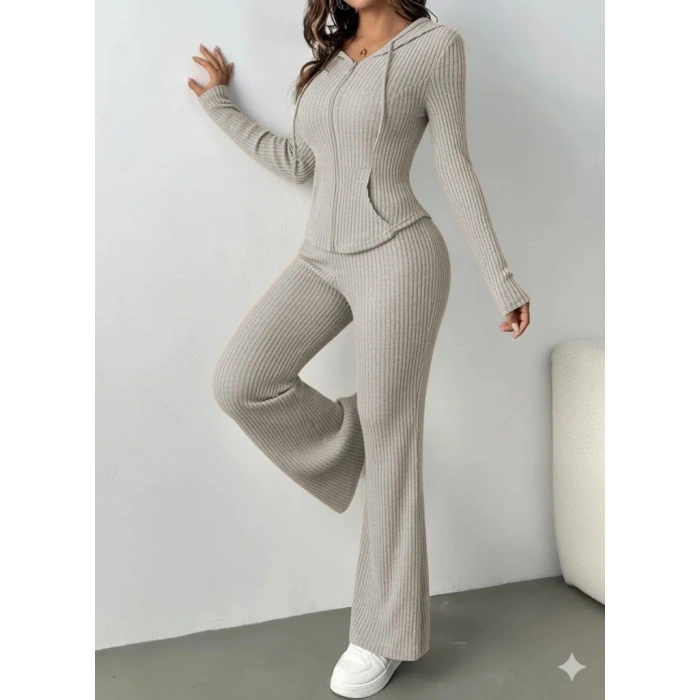 Kadın Uzun Kollu Kapşonlu önden Fermuarlı Kaşkorse Bluz Ve Pantolon Ikili Takım