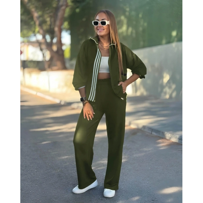 Kadın Uzun Kollu Kapşonlu Onu şerit Detaylı Fermuarlı Viskon Iki Iplik Bluz Ve Pantolon Ikili Takım