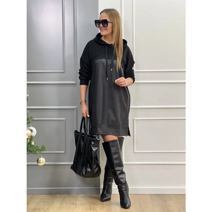 Kadın Uzun Kollu Kapüşon Ve Deri Detay Diz üstü Elbise