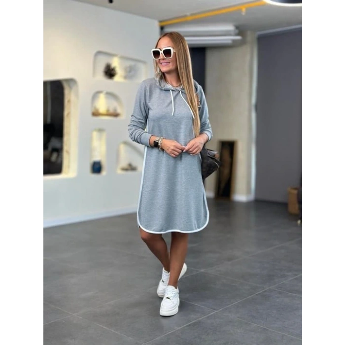 Kadın Uzun Kollu Kapüşon Ve Ribana Detay Diz üstü Elbise