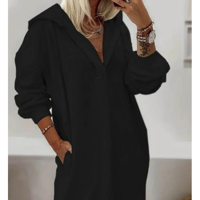 Kadın Uzun Kollu Kapüşonlu Yakası Açık Modal Elbise