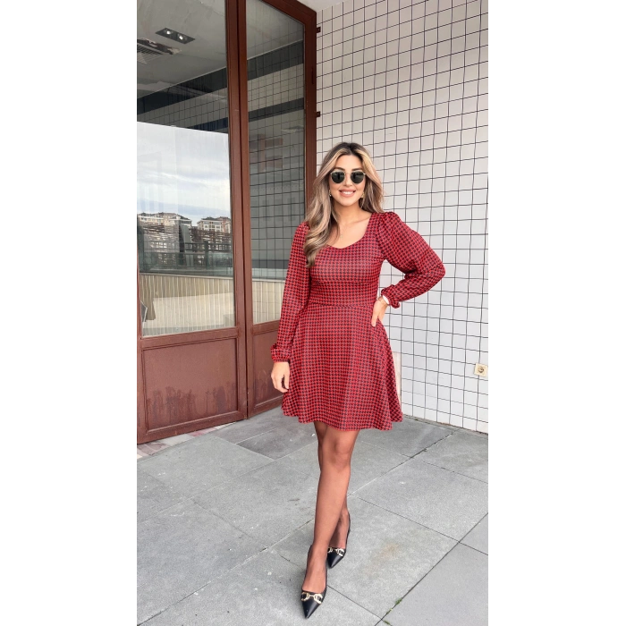 Kadın Uzun Kollu Kare Kalp Yakalı Mini Modal Elbise