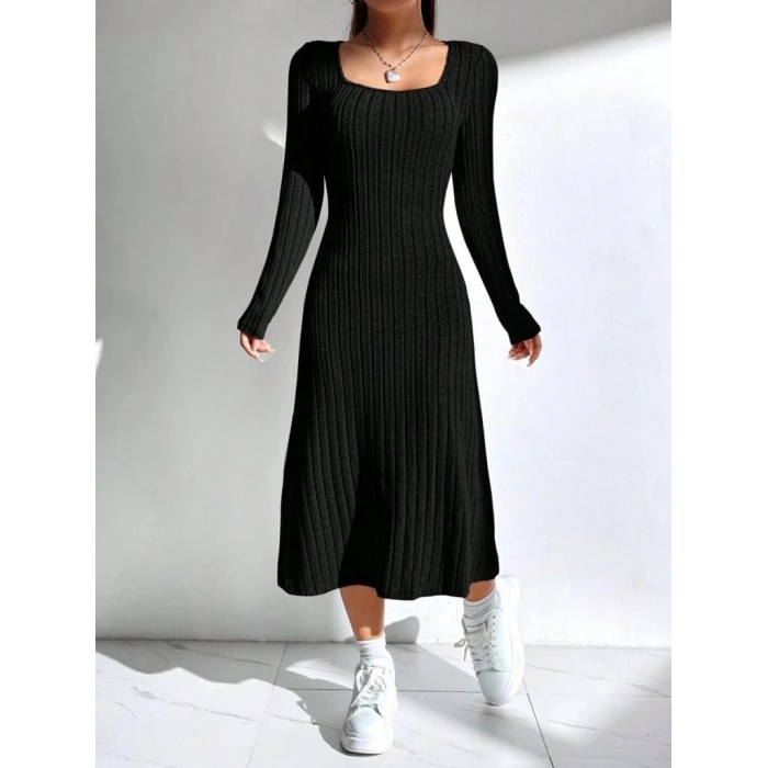 Kadın Uzun Kollu Kare Yaka Midi Kaşkorse Elbise