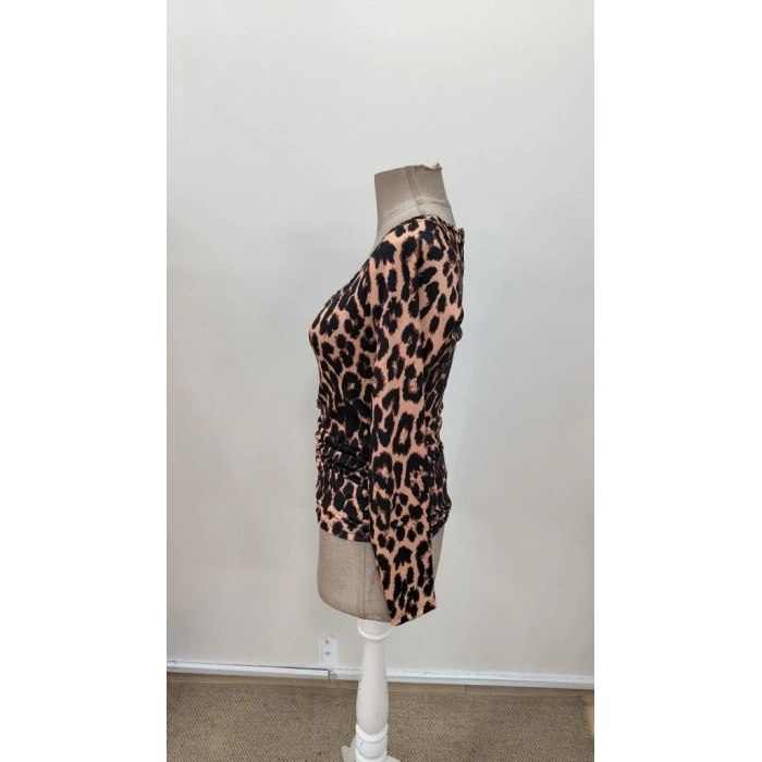 Kadın Uzun Kollu Kare Yakalı Leopar Desenli Dalgıç Bluz