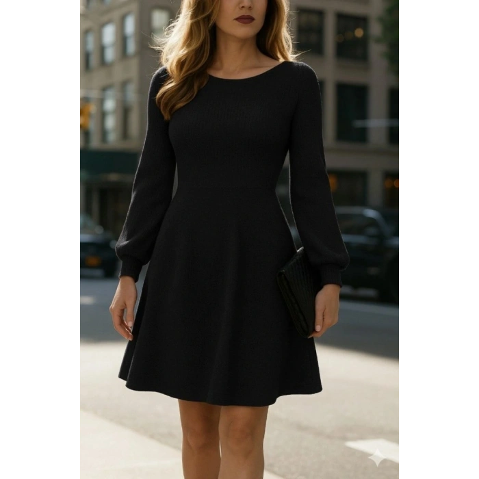 Kadın Uzun Kollu Kayık Yaka Kısa Triko Elbise