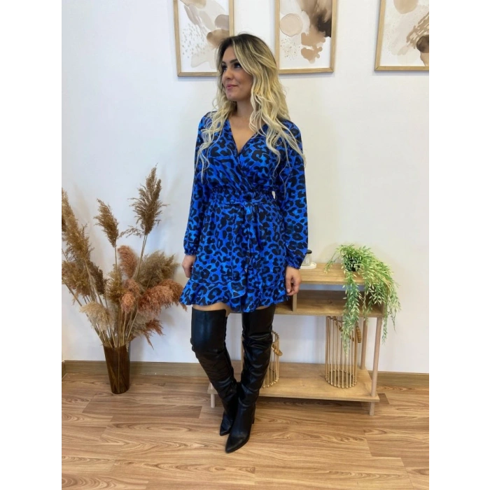 Kadın Uzun Kollu Kruvaze Yaka Belden Kuşaklı Leopar Desenli Dalgıç Elbise