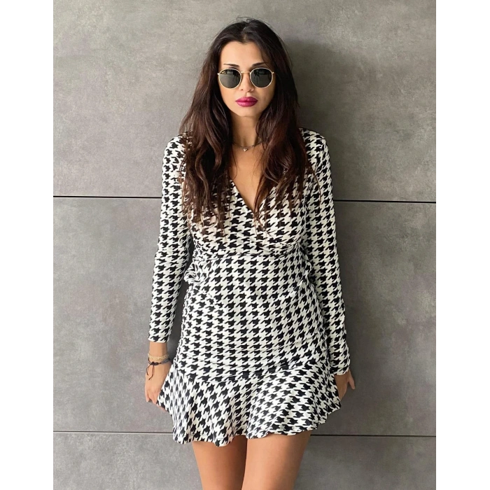 Kadın Uzun Kollu Kruvaze Yaka Kazayağı Mikro Mini Boy Elbise