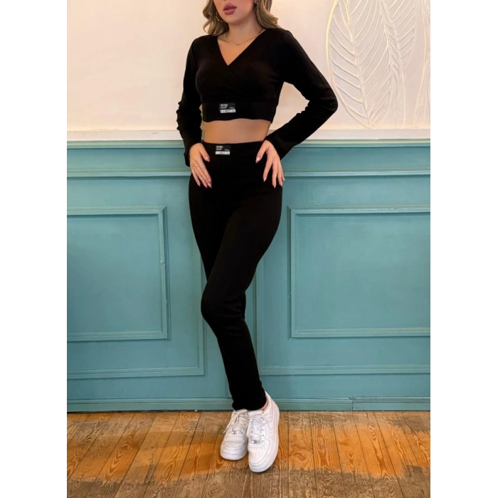 Kadın Uzun Kollu Kruvaze Yaka Krop şardonlu Kaşkorse Bluz Ve Tayt Ikili Takım