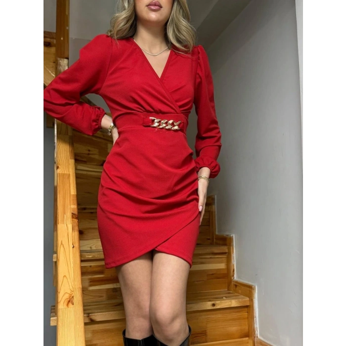 Kadın Uzun Kollu Kruvaze Yaka önden Asimetrik Detay Kısa Krep Elbise