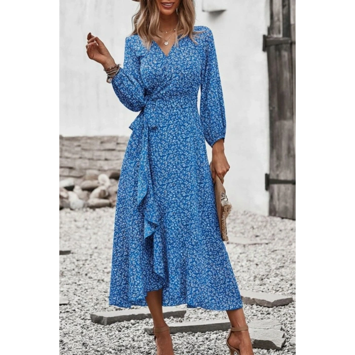 Kadın Uzun Kollu Kruvaze Yaka Yandan Bağlamalı önden Fırfır Detaylı Süprem Uzun Elbise