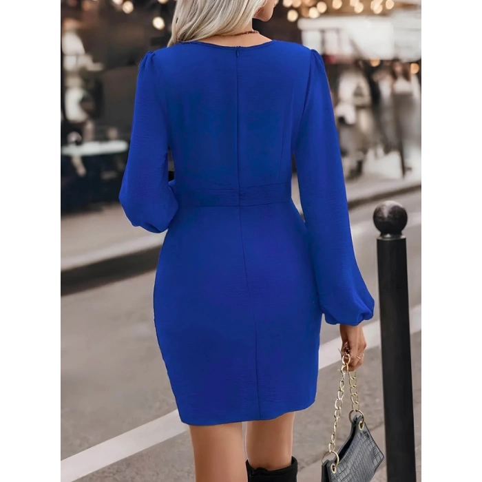 Kadın Uzun Kollu Kruvaze Yaka Yandan Büzgülü Asimetrik Detaylı Ithal Krep Mini Elbise