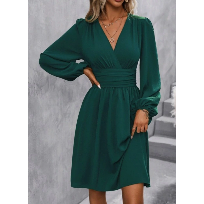 Kadın Uzun Kollu Kruvaze Yakalı Bel Korsajlı Mini Elbise