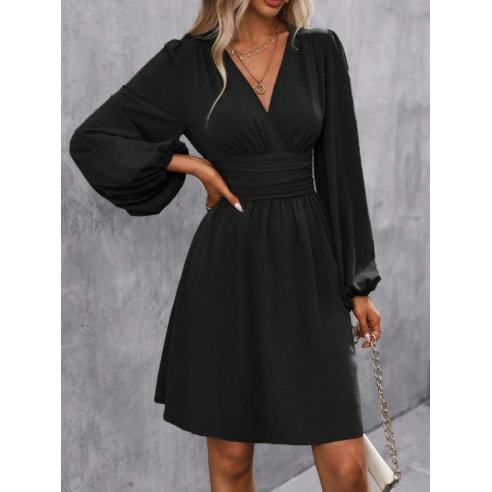 Kadın Uzun Kollu Kruvaze Yakalı Bel Korsajlı Mini Elbise