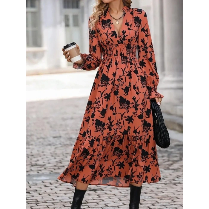 Kadın Uzun Kollu Kruvaze Yakalı çiçek Desenli Maksi Süprem Elbise