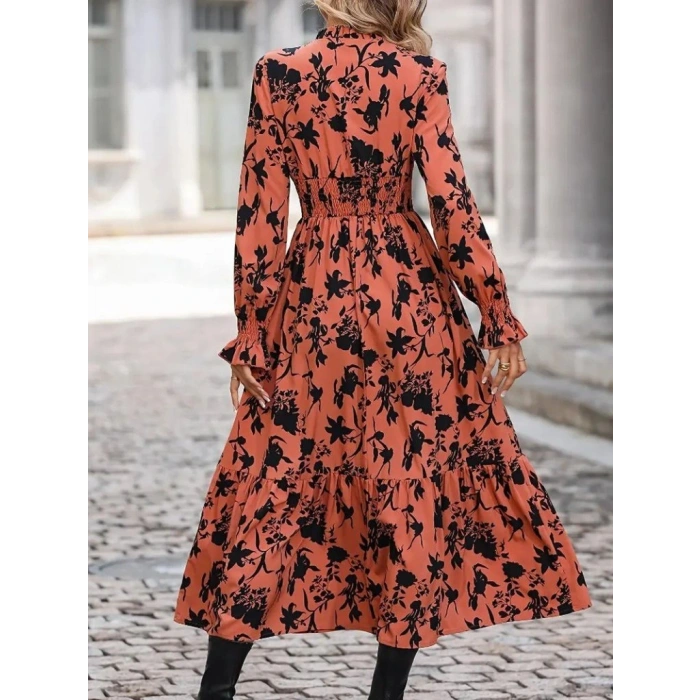 Kadın Uzun Kollu Kruvaze Yakalı çiçek Desenli Maksi Süprem Elbise