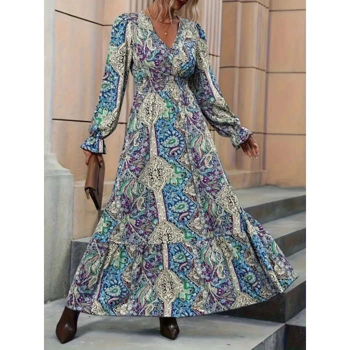 Kadın Uzun Kollu Kruvaze Yakalı Desenli Süprem Maxi Elbise