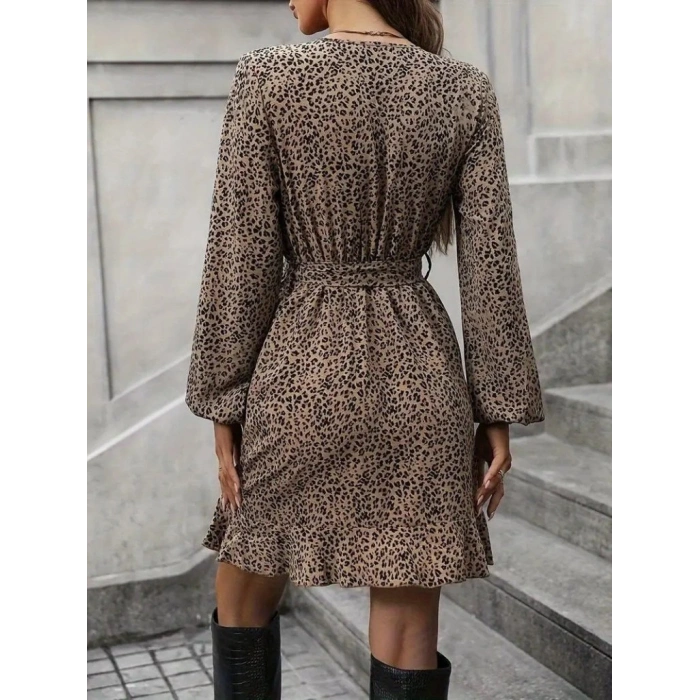 Kadın Uzun Kollu Kruvaze Yakalı Kuşaklı Desenli Kısa Modal Mini Elbise