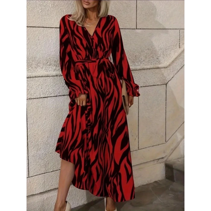 Kadın Uzun Kollu Kruvaze Yakalı Kuşaklı Zebra Desenli Süprem Maxi Elbise