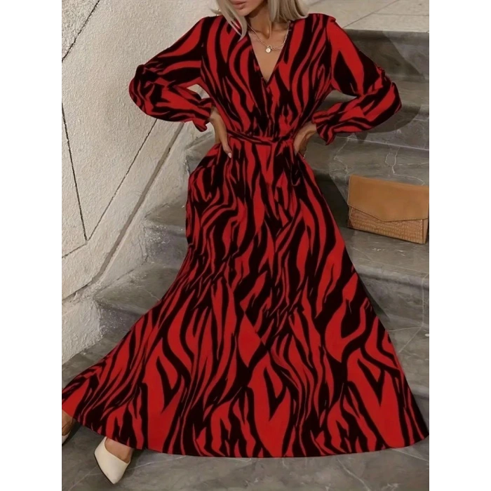 Kadın Uzun Kollu Kruvaze Yakalı Kuşaklı Zebra Desenli Süprem Maxi Elbise