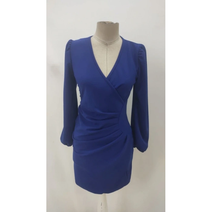 Kadın Uzun Kollu Kruvaze Yakalı Yanlardan Büzgü Detaylı Ithal Krep Kısa Elbise