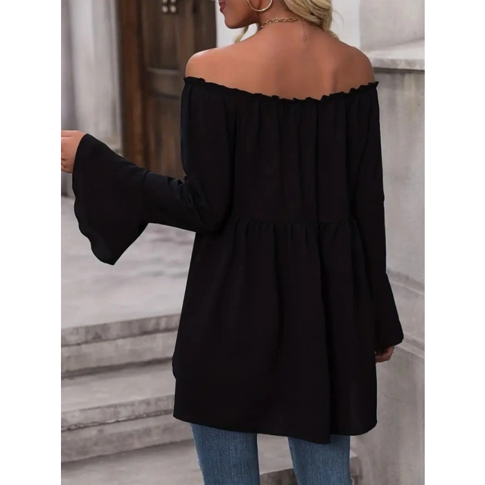 Kadın Uzun Kollu Madonna Yaka Asimetrik Detaylı Kolları Ispanyol Viskon Bluz