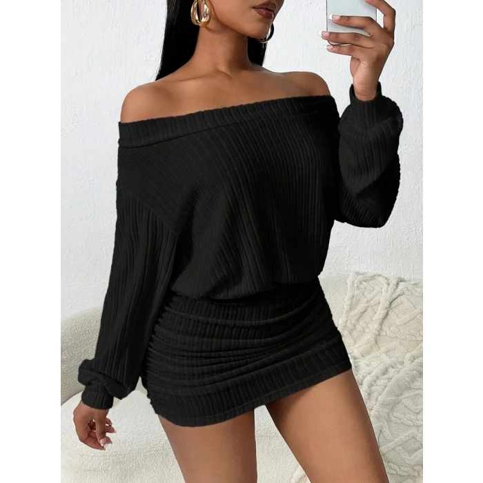 Kadın Uzun Kollu Madonna Yaka Yanlardan Büzgülü şardonlu Kaşkorse Mini Elbise