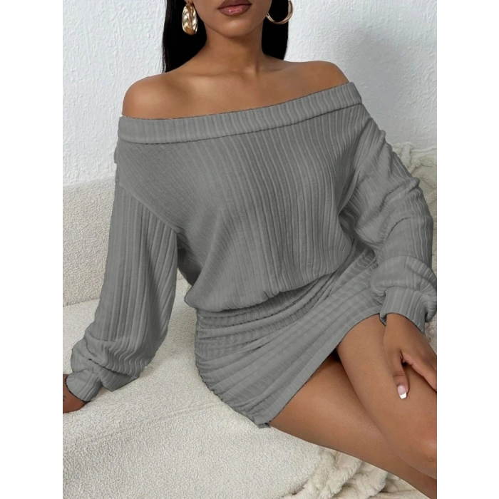 Kadın Uzun Kollu Madonna Yaka Yanlardan Büzgülü şardonlu Kaşkorse Mini Elbise