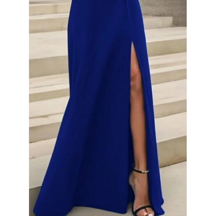 Kadın Uzun Kollu Madonna Yakalı Yırtmaç Detaylı Uzun Ithal Krep Elbise