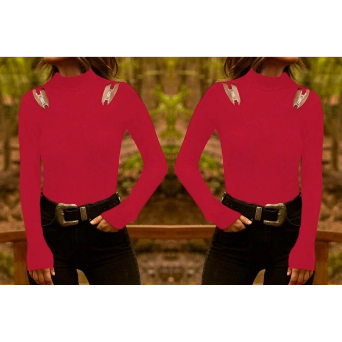 Kadın Uzun Kollu Omuz Dekolte Ve Aksesuar Detay Viskon Bluz