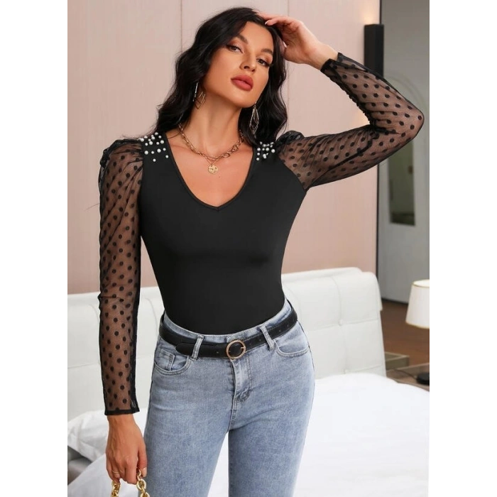 Kadın Uzun Kollu Omuz Inci Kollar Tül Detay Viskon Bluz