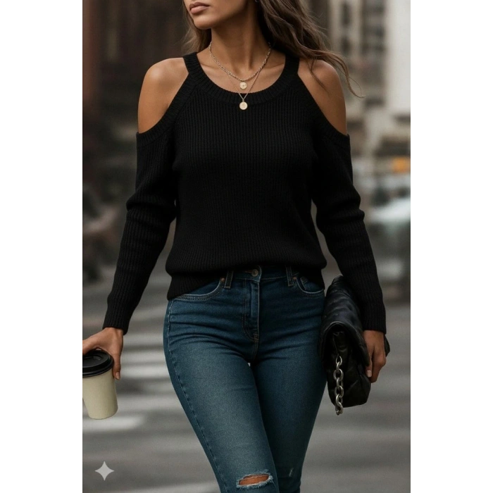 Kadın Uzun Kollu Omuzlardan Açık Askılı Yuvarlak Yaka Triko Bluz