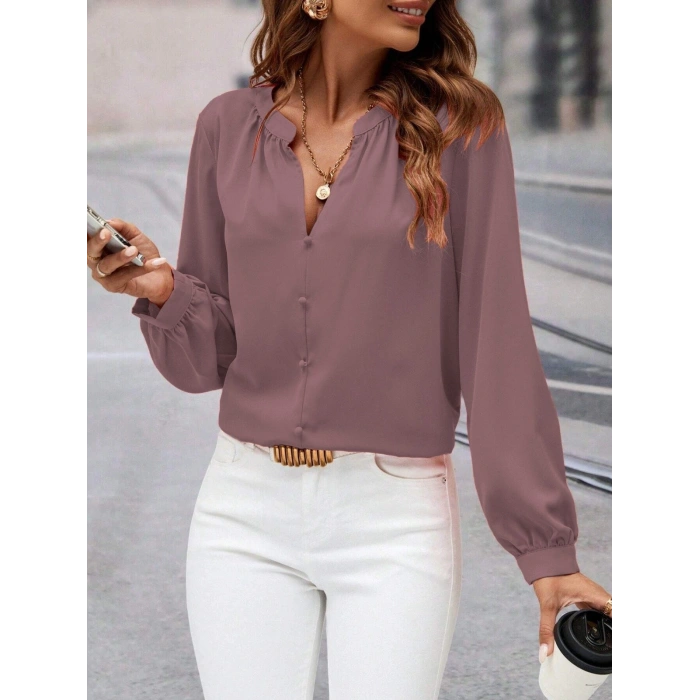 Kadın Uzun Kollu önden Düğmeli Hakim Yaka Ithal Krep Bluz