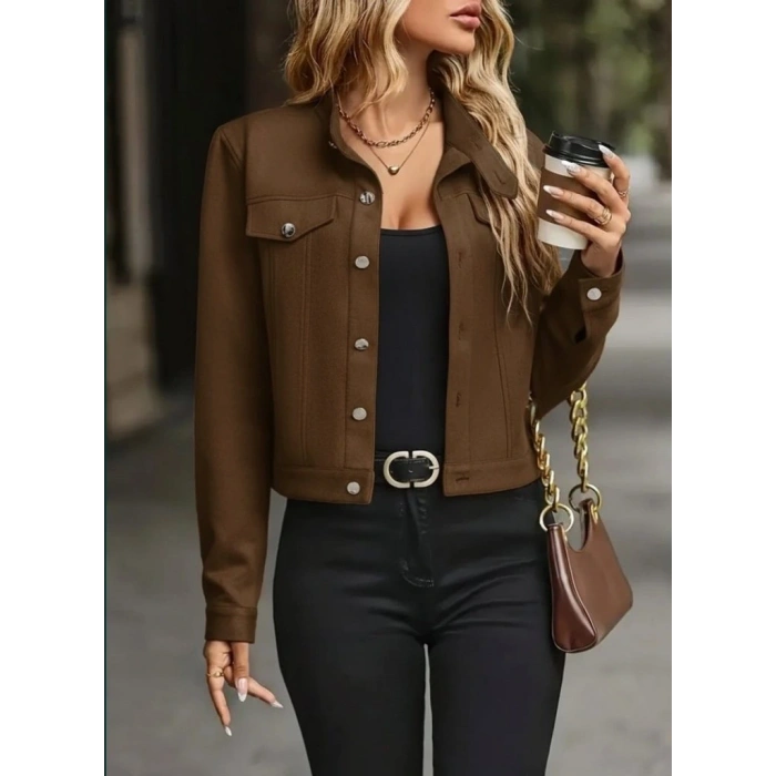 Kadın Uzun Kollu önden Düğmeli Kısa Süet Ceket