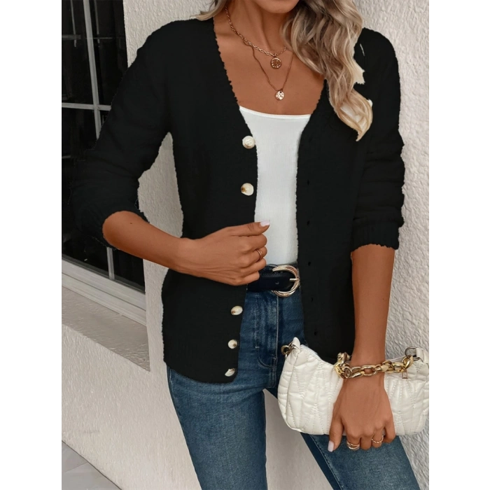 Kadın Uzun Kollu önden Düğmeli Kısa Triko Hırka