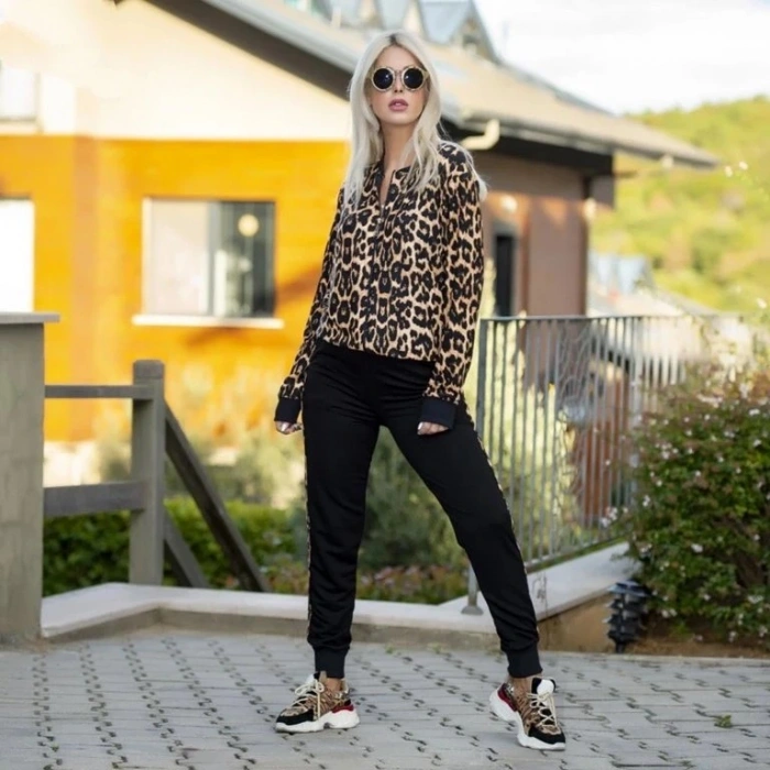 Kadın Uzun Kollu önden Fermuarlı Leopar Desen Detaylı Viskon Iki Iplik Kumaş Ikili Takım