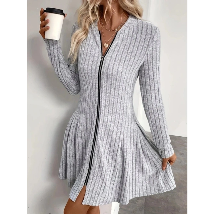 Kadın Uzun Kollu önden Fermuarlı Pileli şardonlu Kaşkorse Mini Elbise